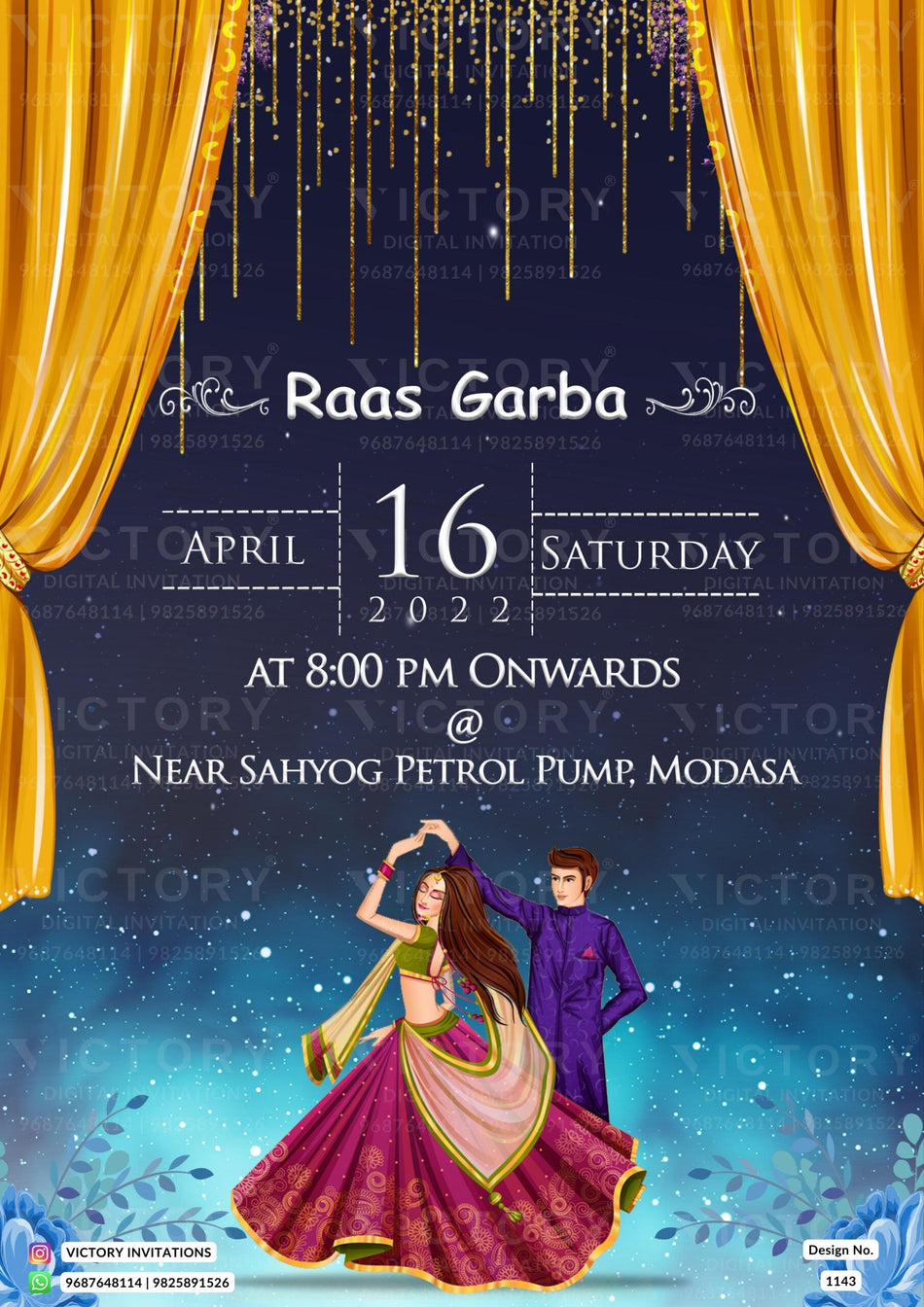 Sangeet Sandhya Ceremony invitation card in english language with couple doodle, glitter as night view theme design 1143.6