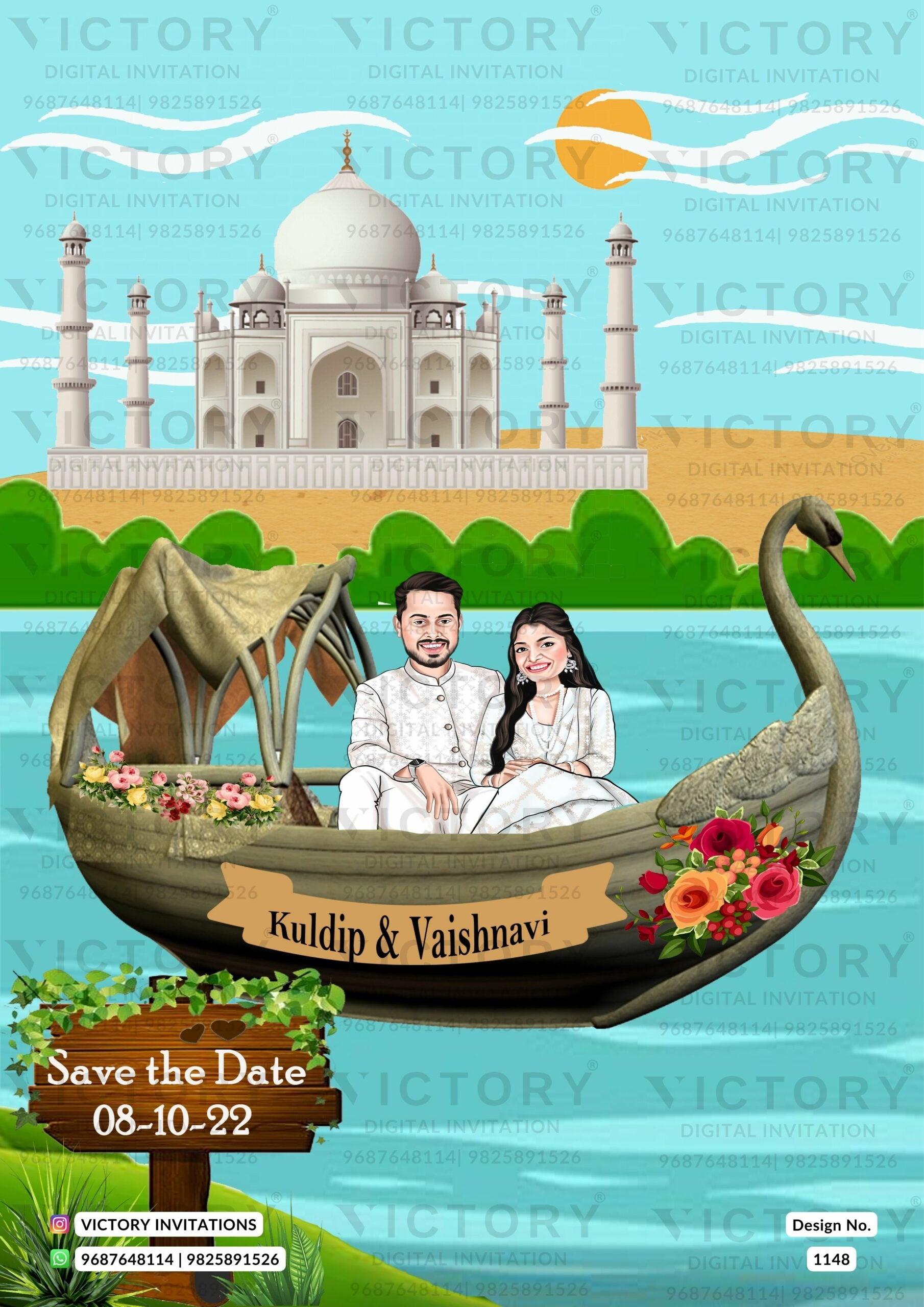 sitting adorable couple caricature invitation card for Save the Date in English language with taj mahal theme design 1148