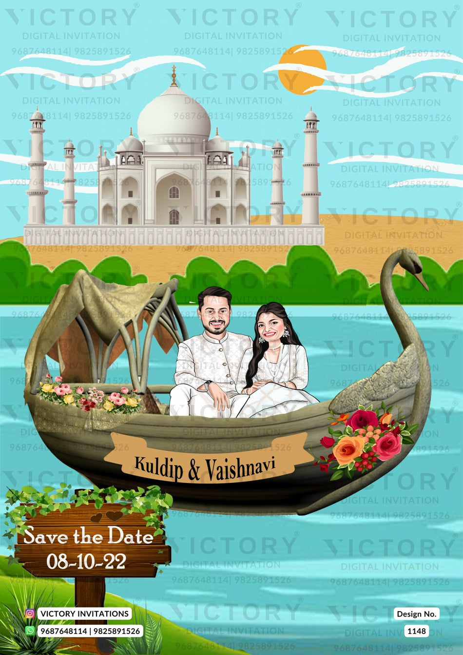 sitting adorable couple caricature invitation card for Save the Date in English language with taj mahal theme design 1148