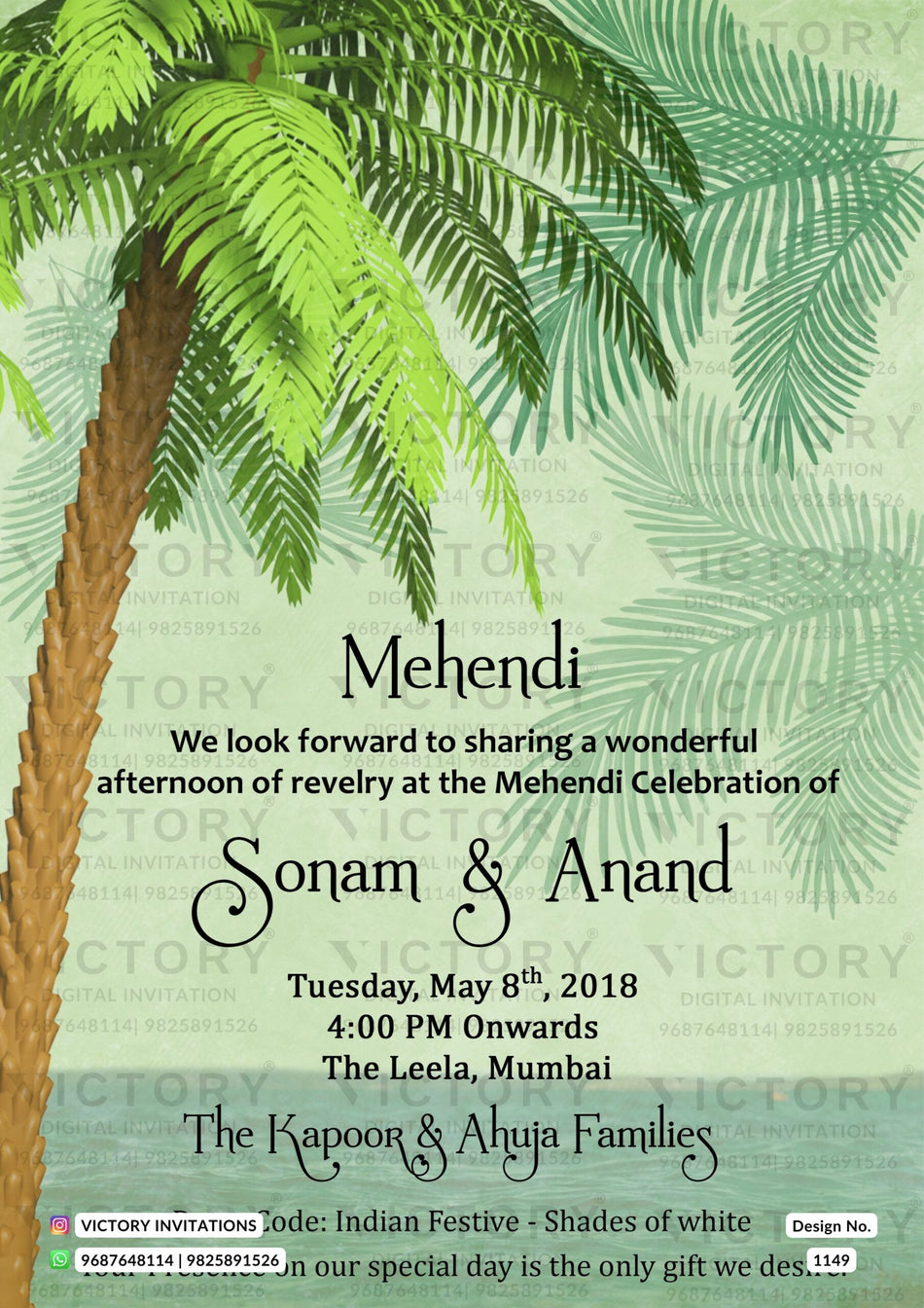 Mehendi ceremony invitation card in english language with coconut tree as beach theme design 1149