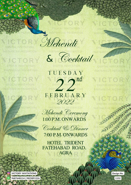 Mehendi ceremony invitation card in english language with peacock as artistic leaves theme design 1152
