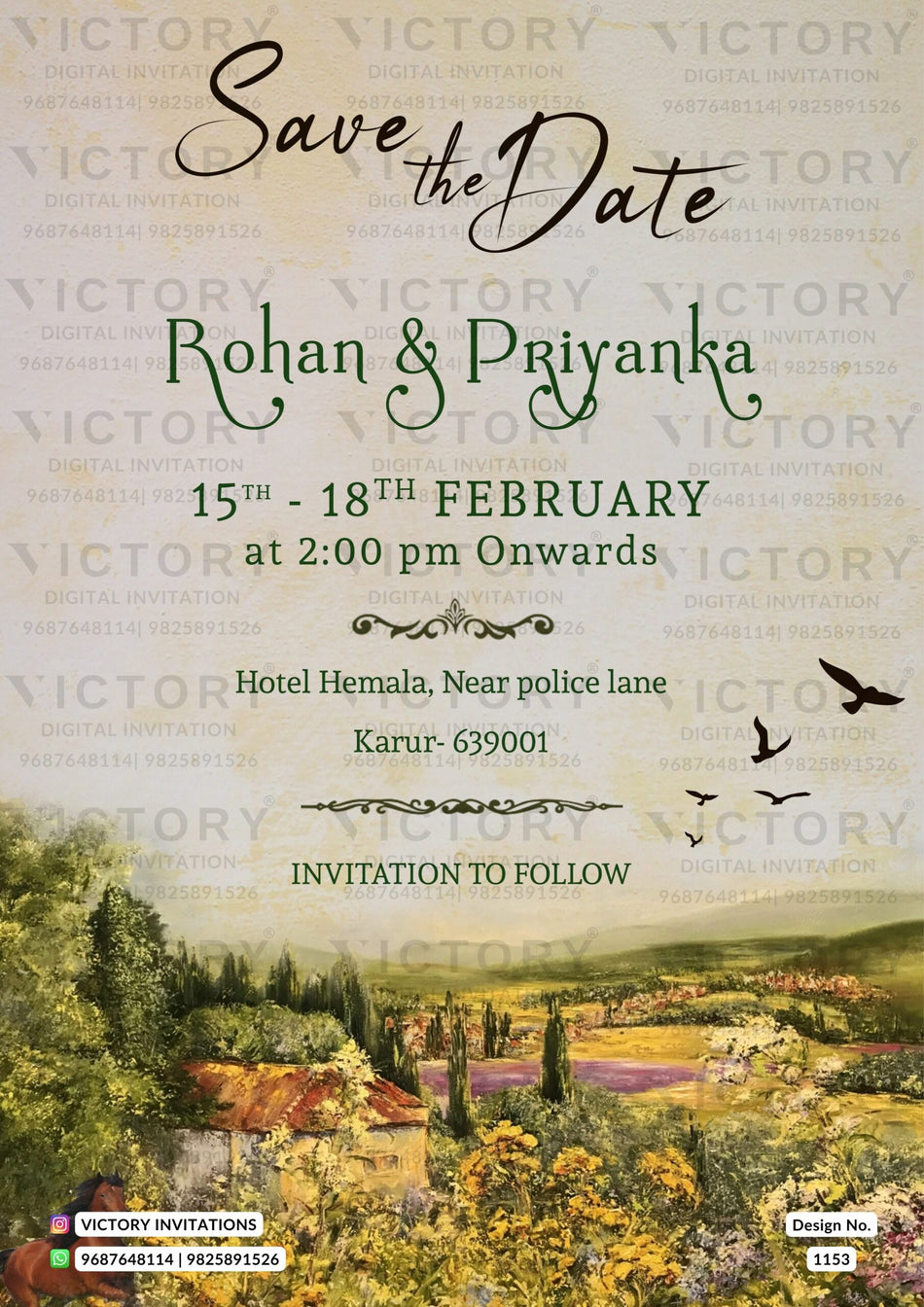 Save the Date card in english language with nature theme design 1153