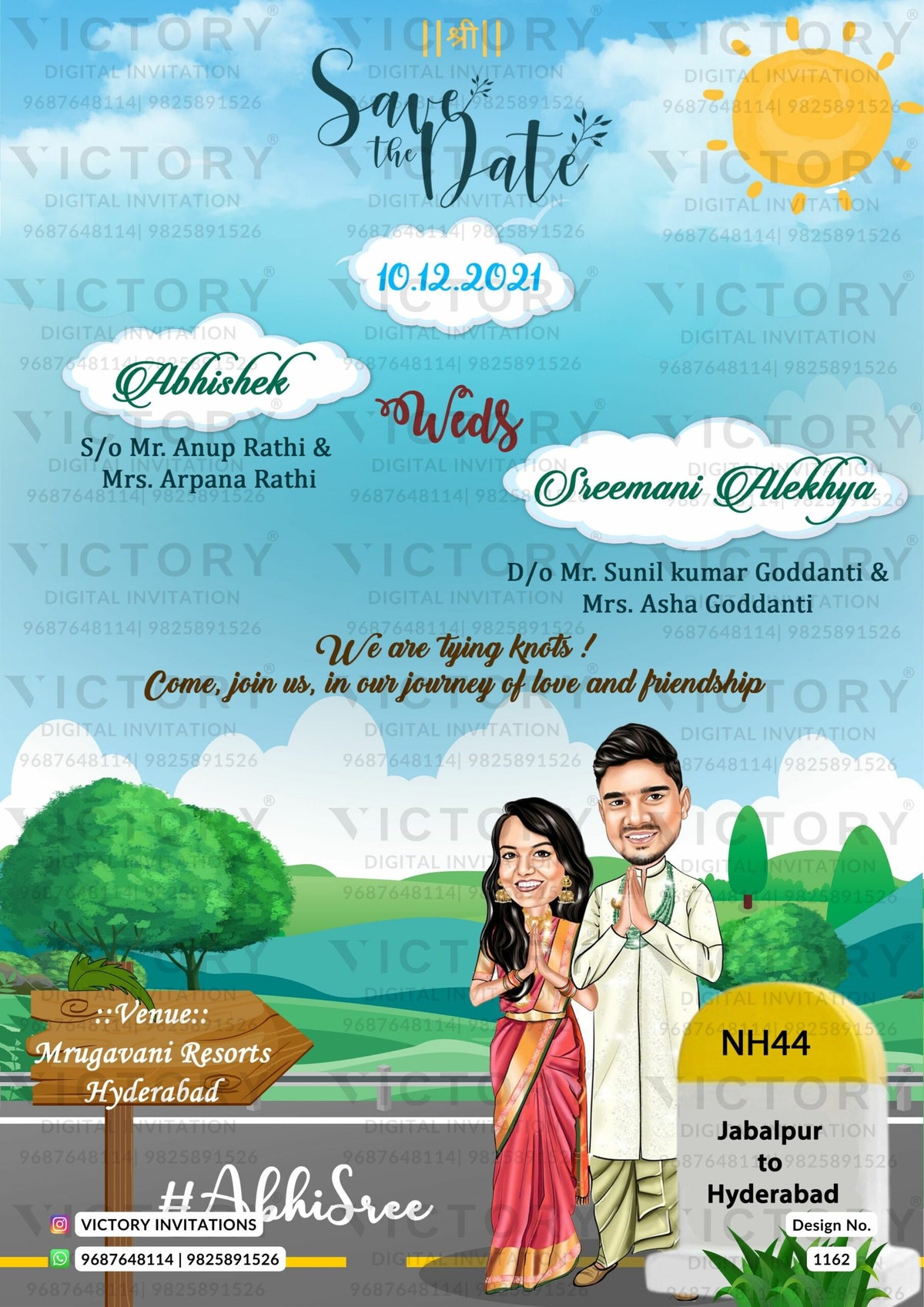 namaste couple caricature invitation card for Save the Date in English language with highway theme design 1162