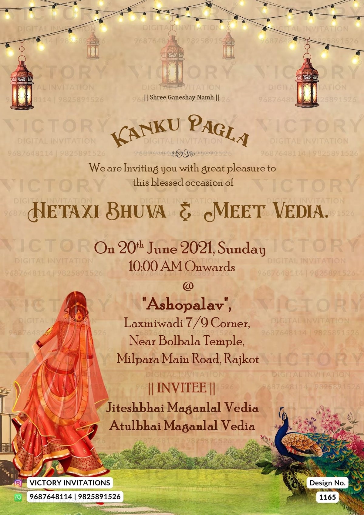 Kanku Pagla Ceremony invitation card in english language with traditional girl doodle, peacock as vintage theme design 1165