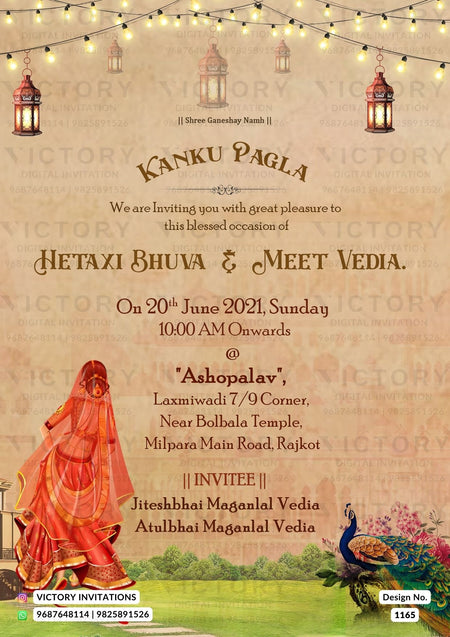 Kanku Pagla Ceremony invitation card in english language with traditional girl doodle, peacock as vintage theme design 1165