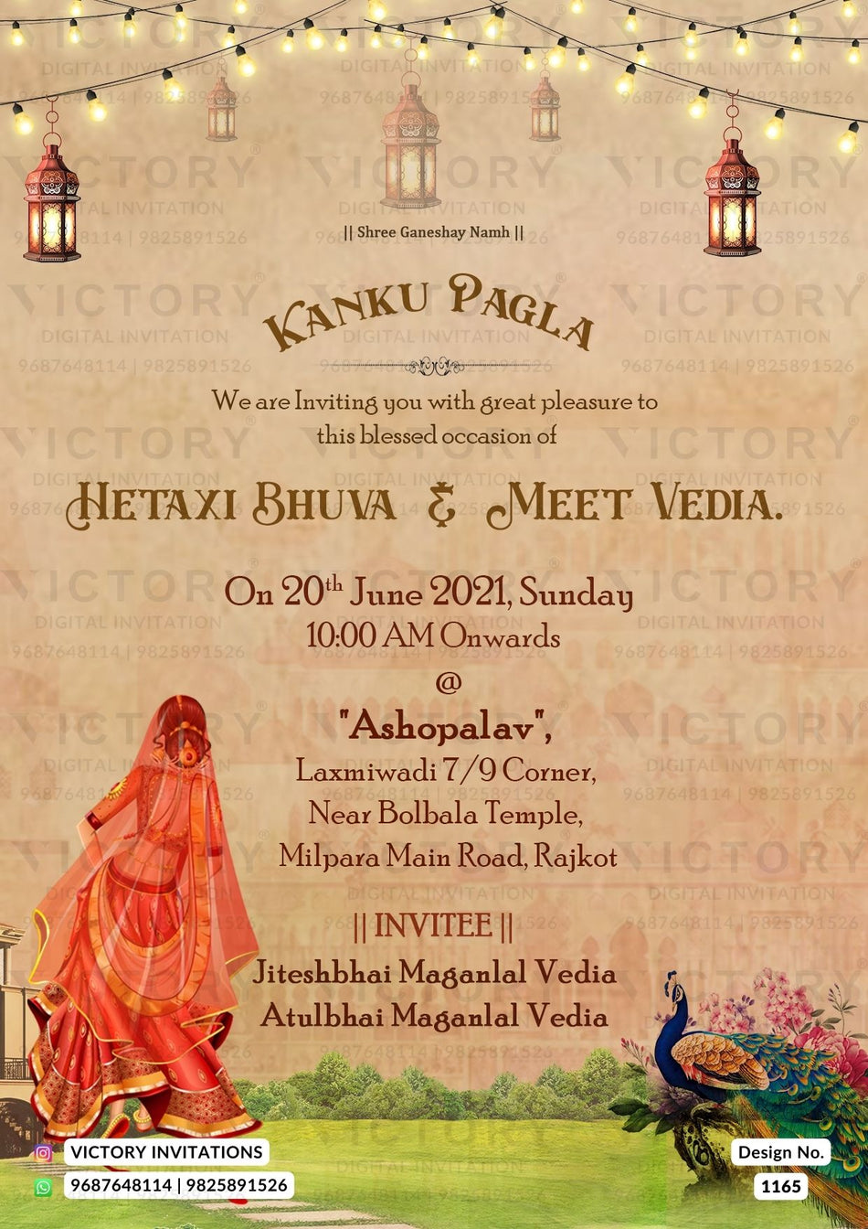 Kanku Pagla Ceremony invitation card in english language with traditional girl doodle, peacock as vintage theme design 1165