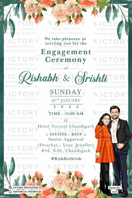 Bollywood couple caricature invitation card for Engagement ceremony in Englsih language with flowers as floral theme design 1167