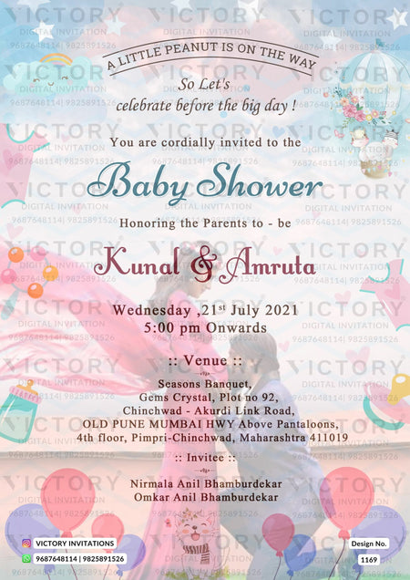 Baby Shower ceremony invitation card in english language with star, balloon, cloth, baby toy, cat as couple photo theme design 1169