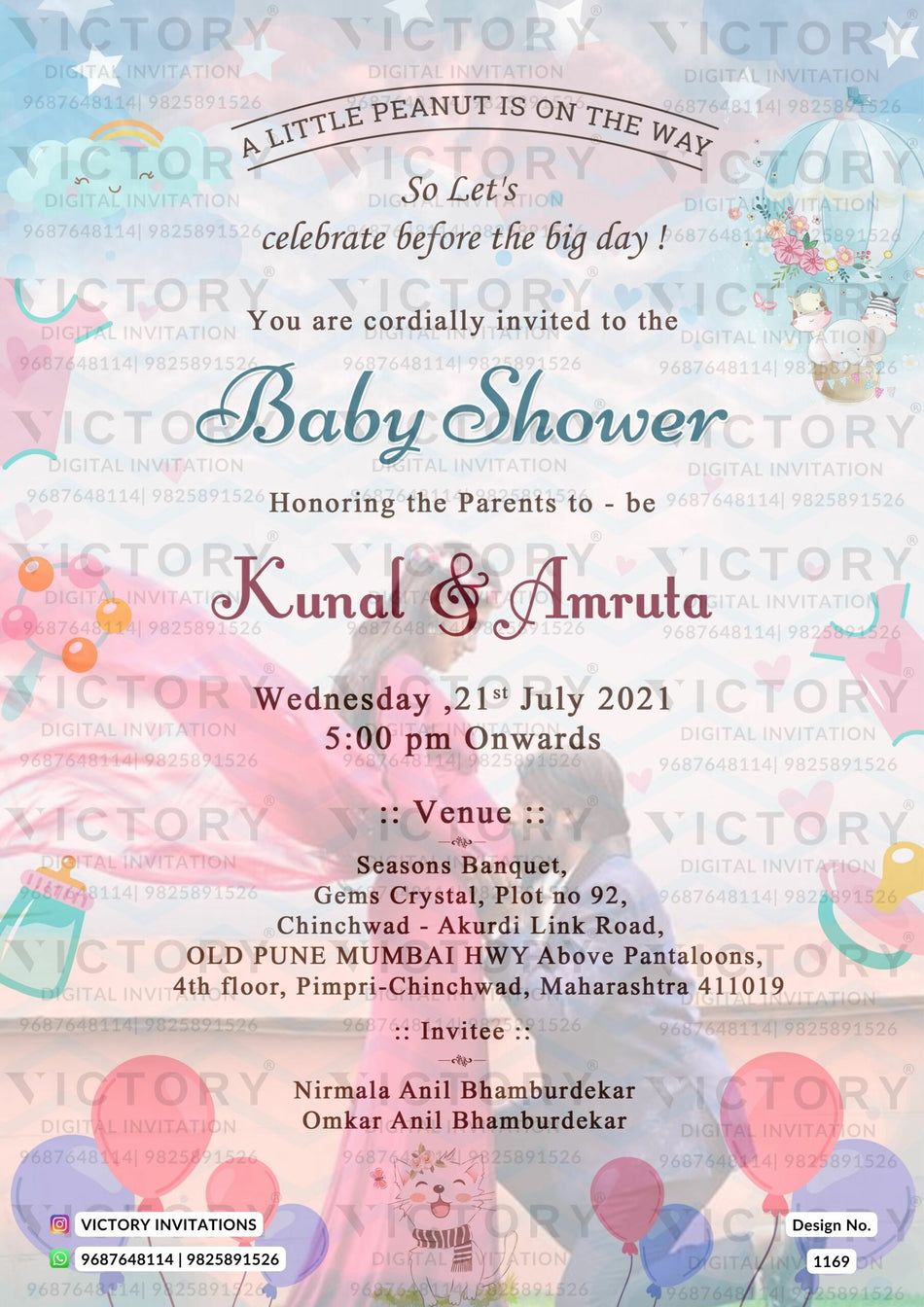 Baby Shower ceremony invitation card in english language with star, balloon, cloth, baby toy, cat as couple photo theme design 1169