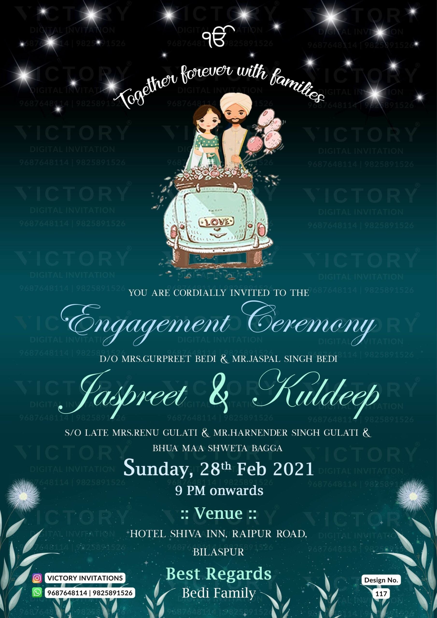 Sikh Engagement ceremony invitation card in english language with car, couple doodle as glittery theme design 117