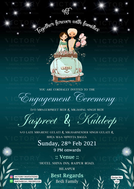 Sikh Engagement ceremony invitation card in english language with car, couple doodle as glittery theme design 117