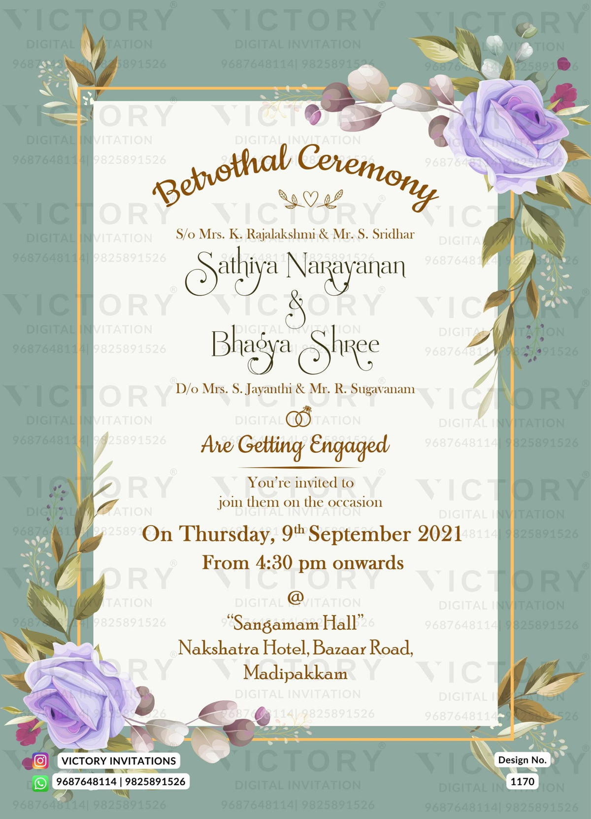 Betrothal ceremony invitation card for Catholic family in english language with frame, flowers as floral theme design 1170