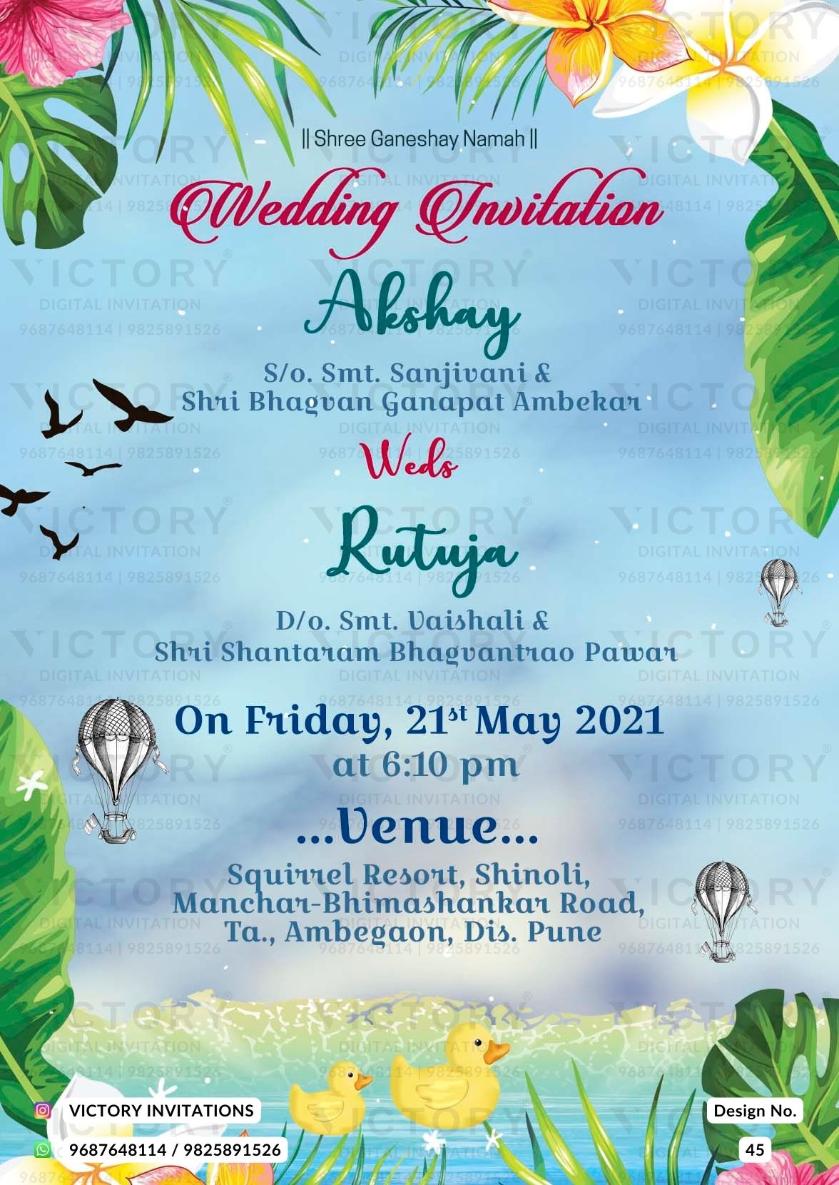 Wedding ceremony invitation card of hindu maharashtrian marathi family in english language with River theme design 45