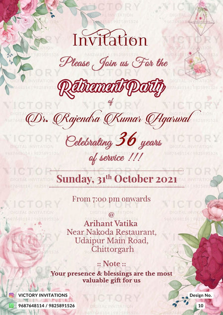 Retirement Party invitation card in english language with flowers as floral theme design 10