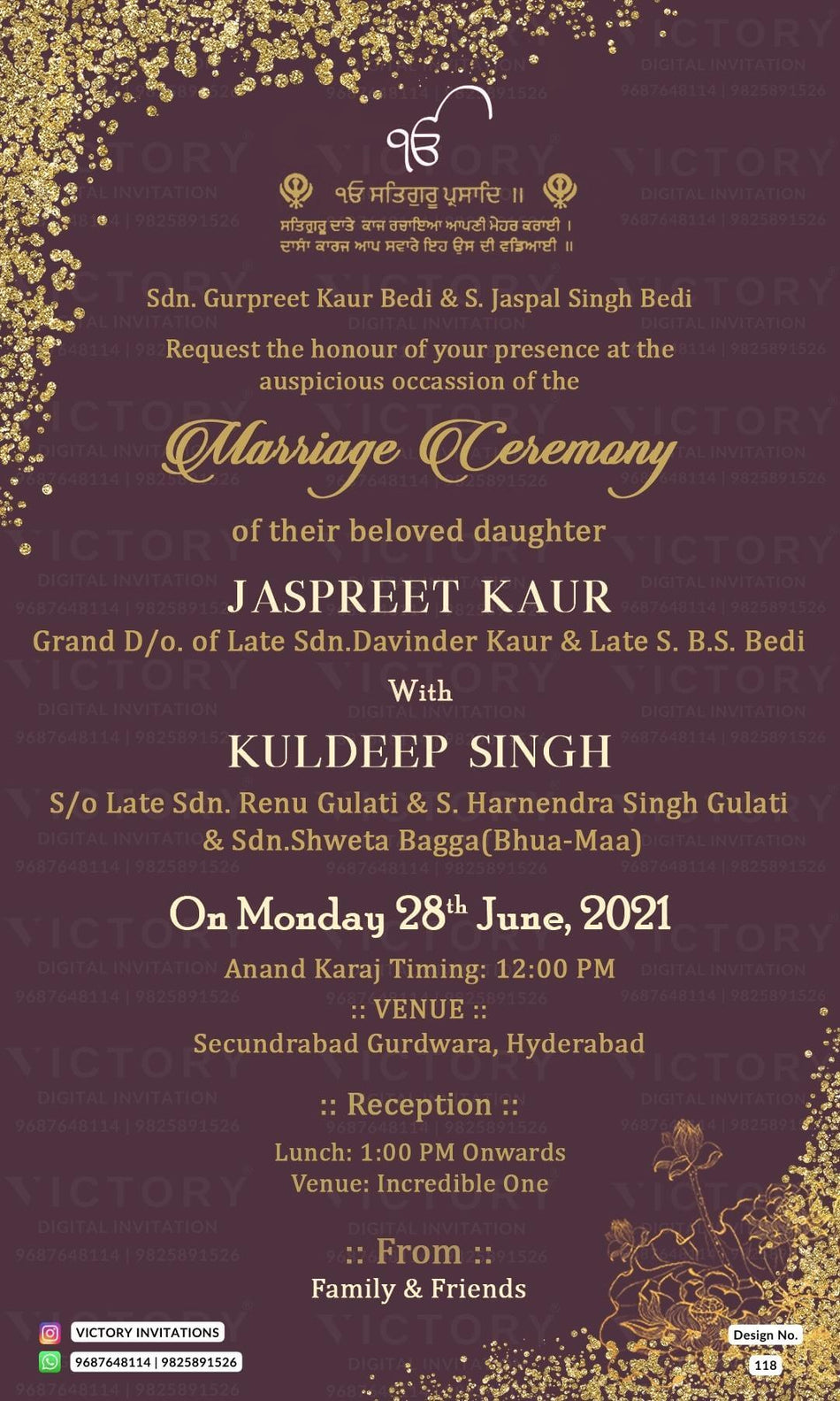 Wedding ceremony invitation card of hindu punjabi sikh family in English language with Glittery theme design 118
