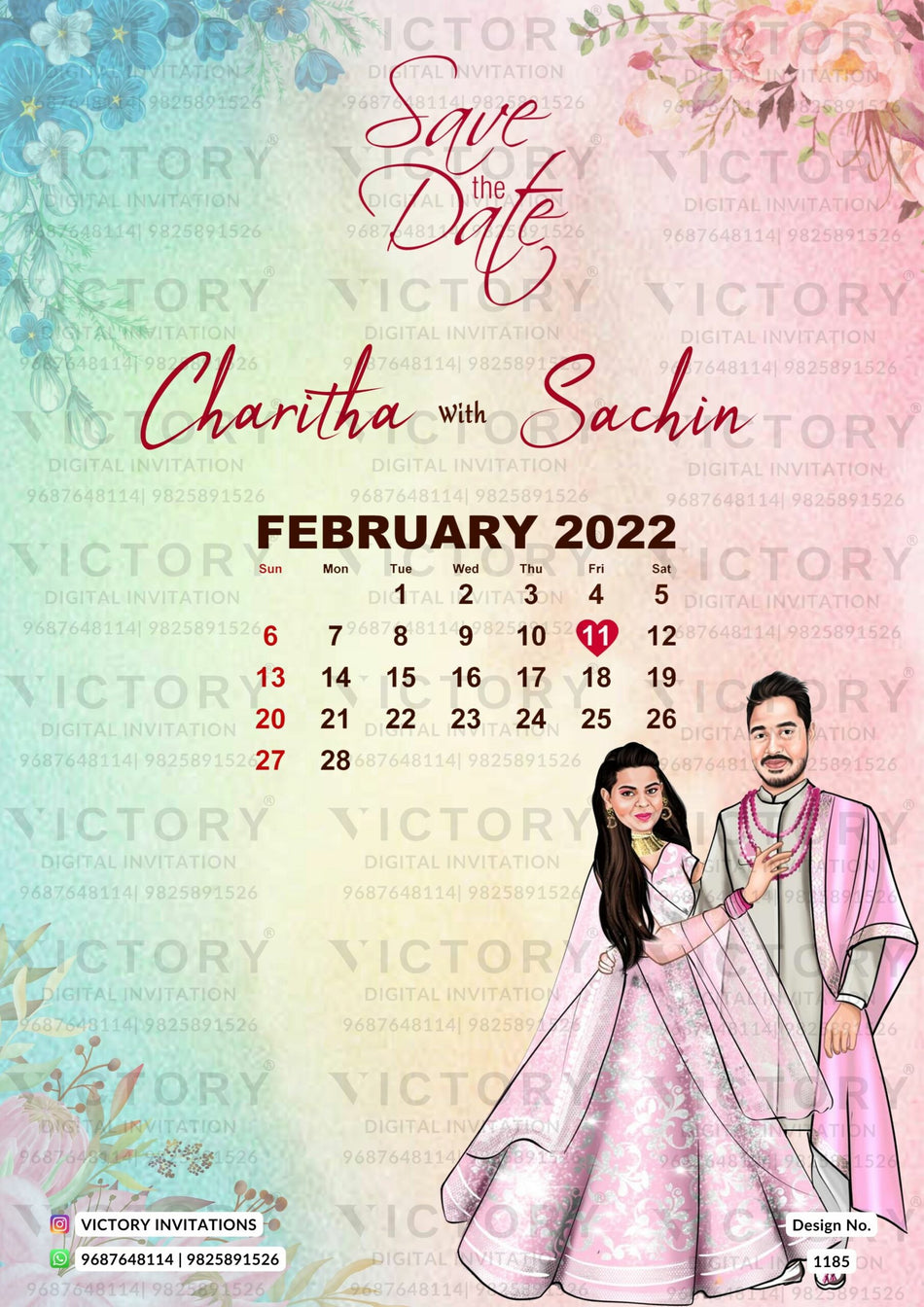 stylish couple caricature invitation card for Save the Date in English language with calendar as asthetic theme design 1185