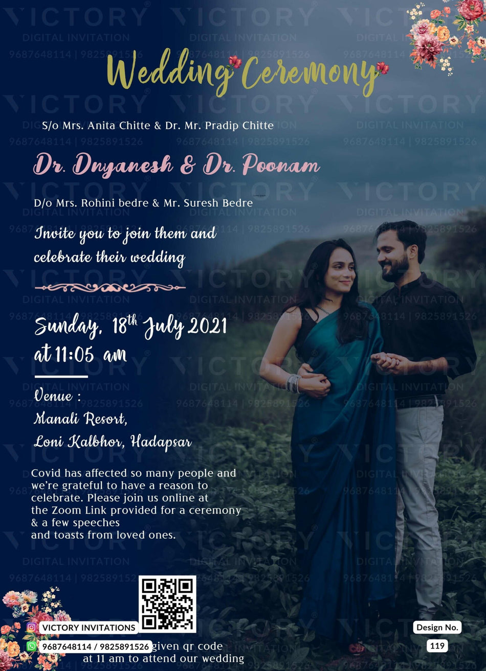 Wedding ceremony invitation card of hindu maharashtrian marathi family in english language with couple photo theme design 119