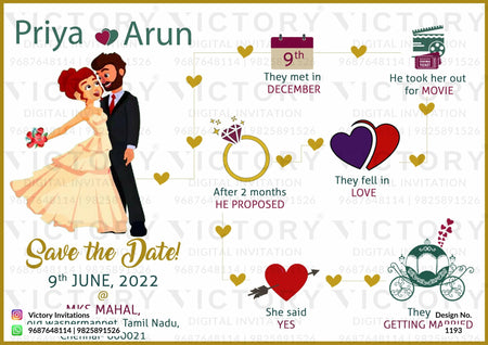 Save the Date card in english language with love story theme design 1193