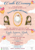 Cradle ceremony invitation card for Baby girl in english language with baby image as balloons theme design 1198