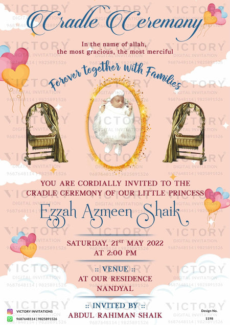 Cradle ceremony invitation card for Baby girl in english language with baby image as balloons theme design 1198