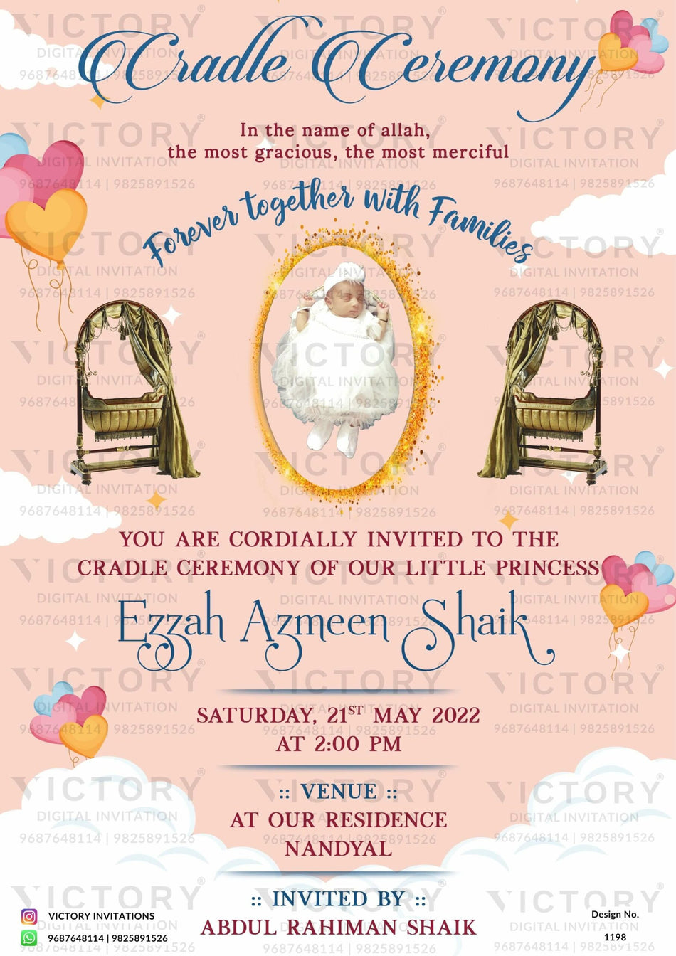 Cradle ceremony invitation card for Baby girl in english language with baby image as balloons theme design 1198
