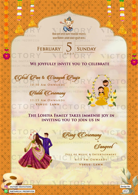 Traditional Ivory and Vibrant Shaded Vintage Theme Indian Wedding E-invitations with Classic Wedding Doodle Illustrations, Design no. 2917