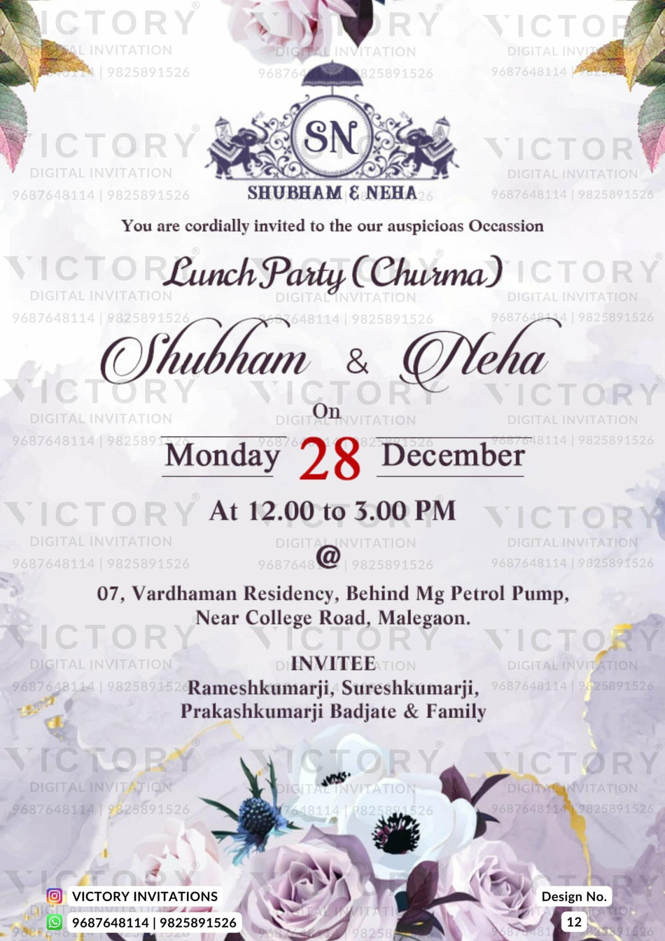 Dinner Party invitation card in english language with couple logo, flowers as floral theme design 12