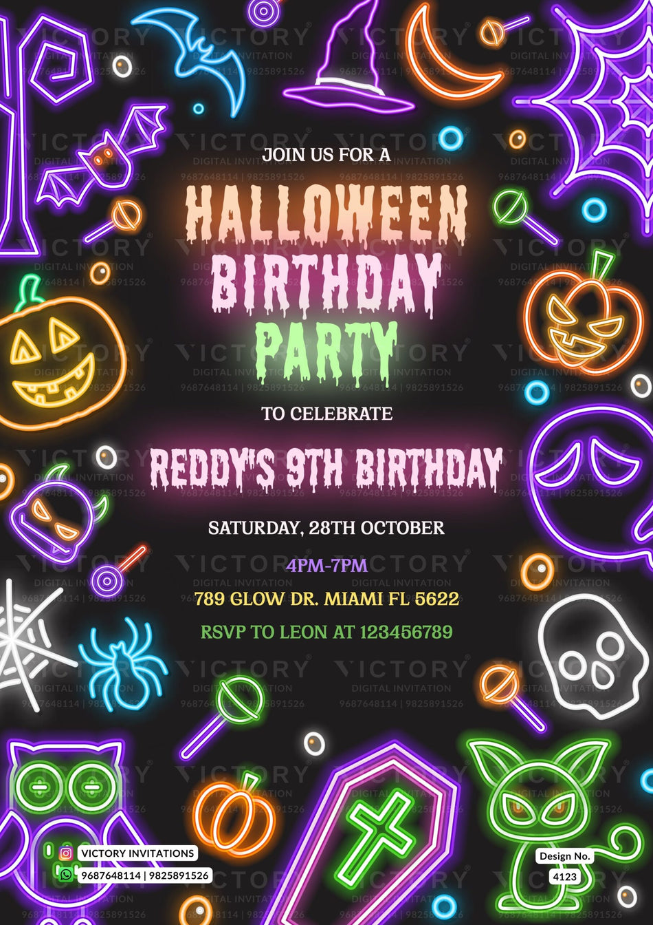Halloween Party invitation card in english language with pumpkin, spider, rabbit as halloween theme design 4123