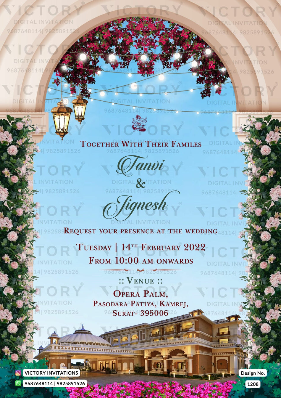 Wedding ceremony invitation card of hindu gujarati kathiyawadi family in english language with palace theme design 1208