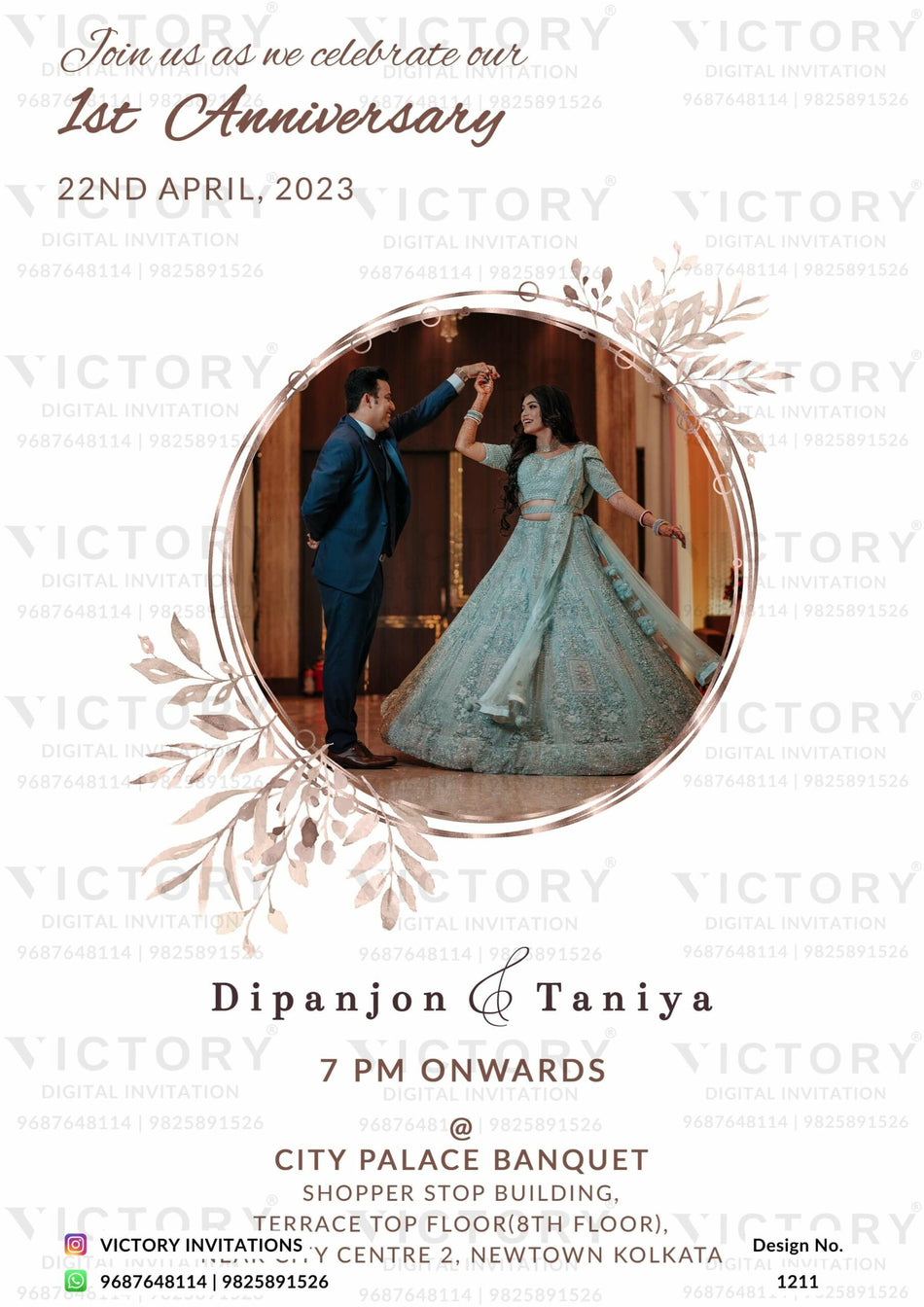 1st Wedding Anniversary invitation card in English language with couple photo, frame, leaves as floral theme design 1211