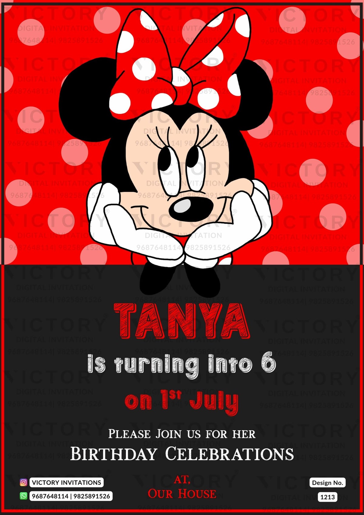 Birthday party invitation card for girl in English language with mini mouse theme design 1213