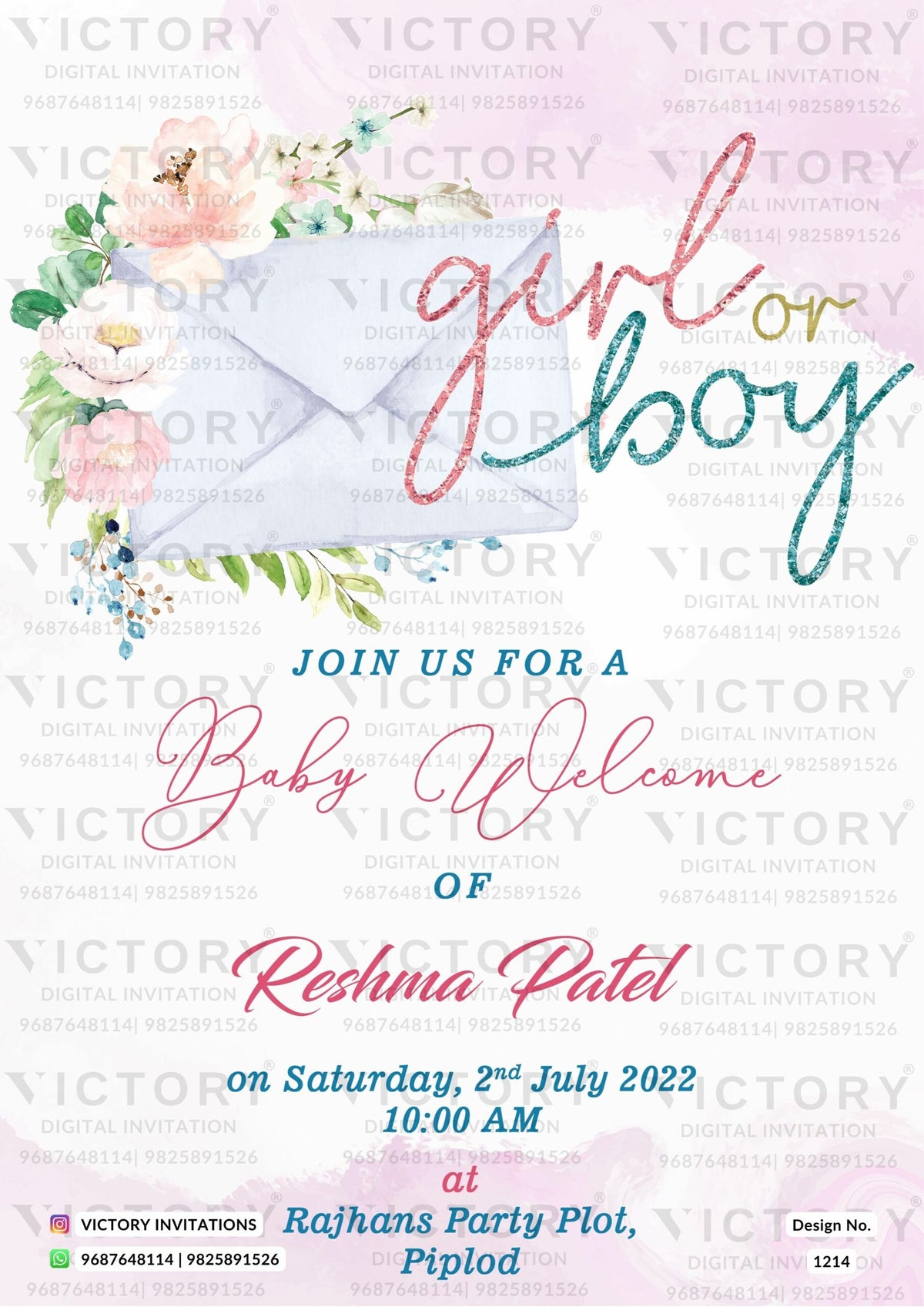 Baby welcome party invitation card in english language with floral theme design 1214