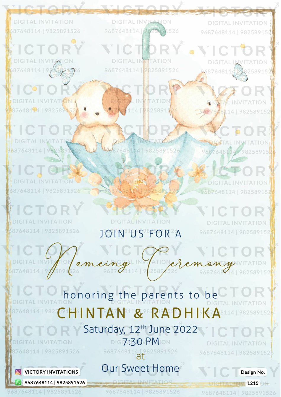 Baby Naming ceremony invitation card in english language with cat, umbrella, butterfly as cartoonish theme design 1215