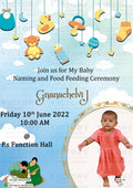 Annaprashan ceremony invitation card in english language with toys, rice feeding doodle as playful theme design 1216