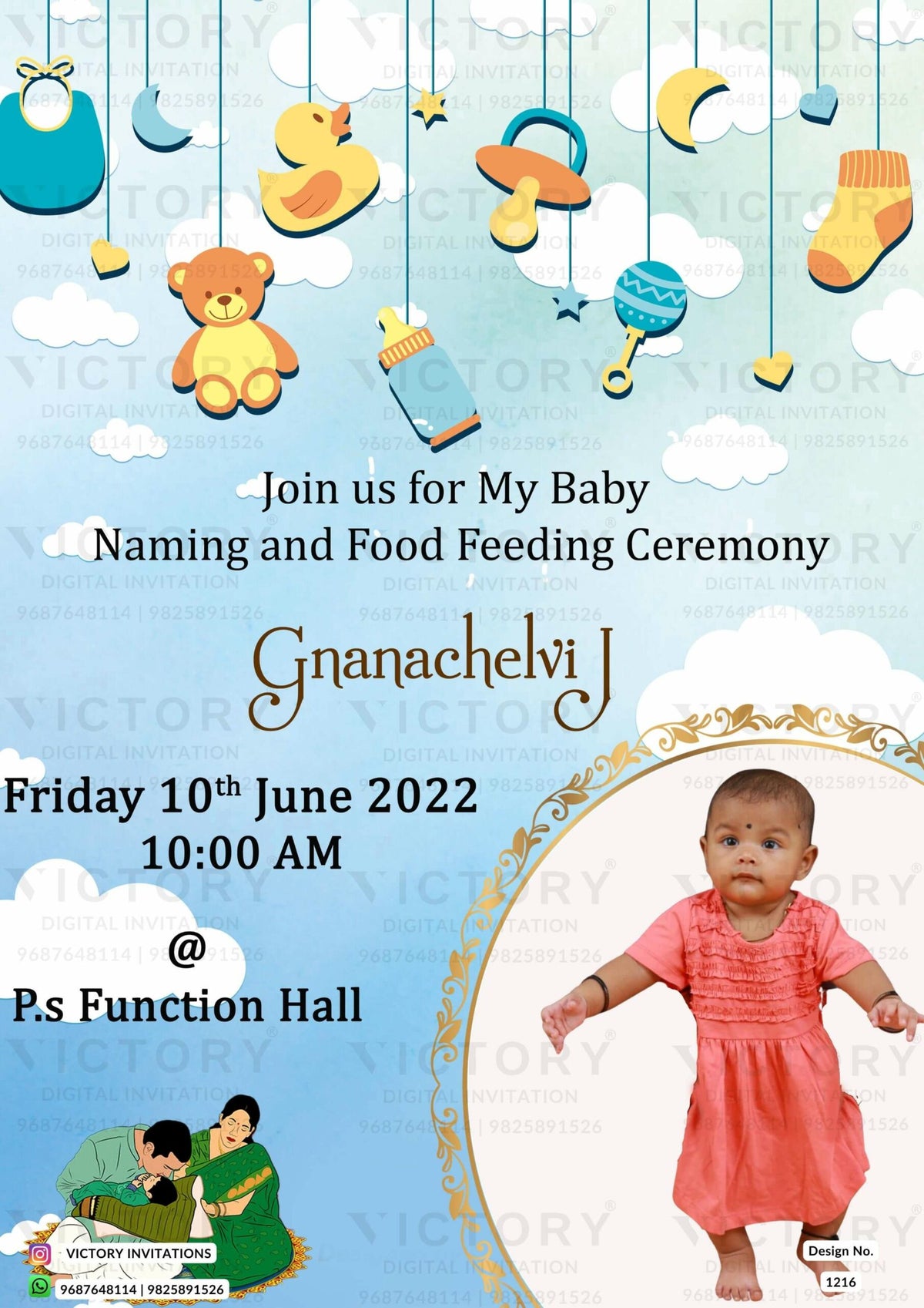 Annaprashan ceremony invitation card in english language with toys, rice feeding doodle as playful theme design 1216
