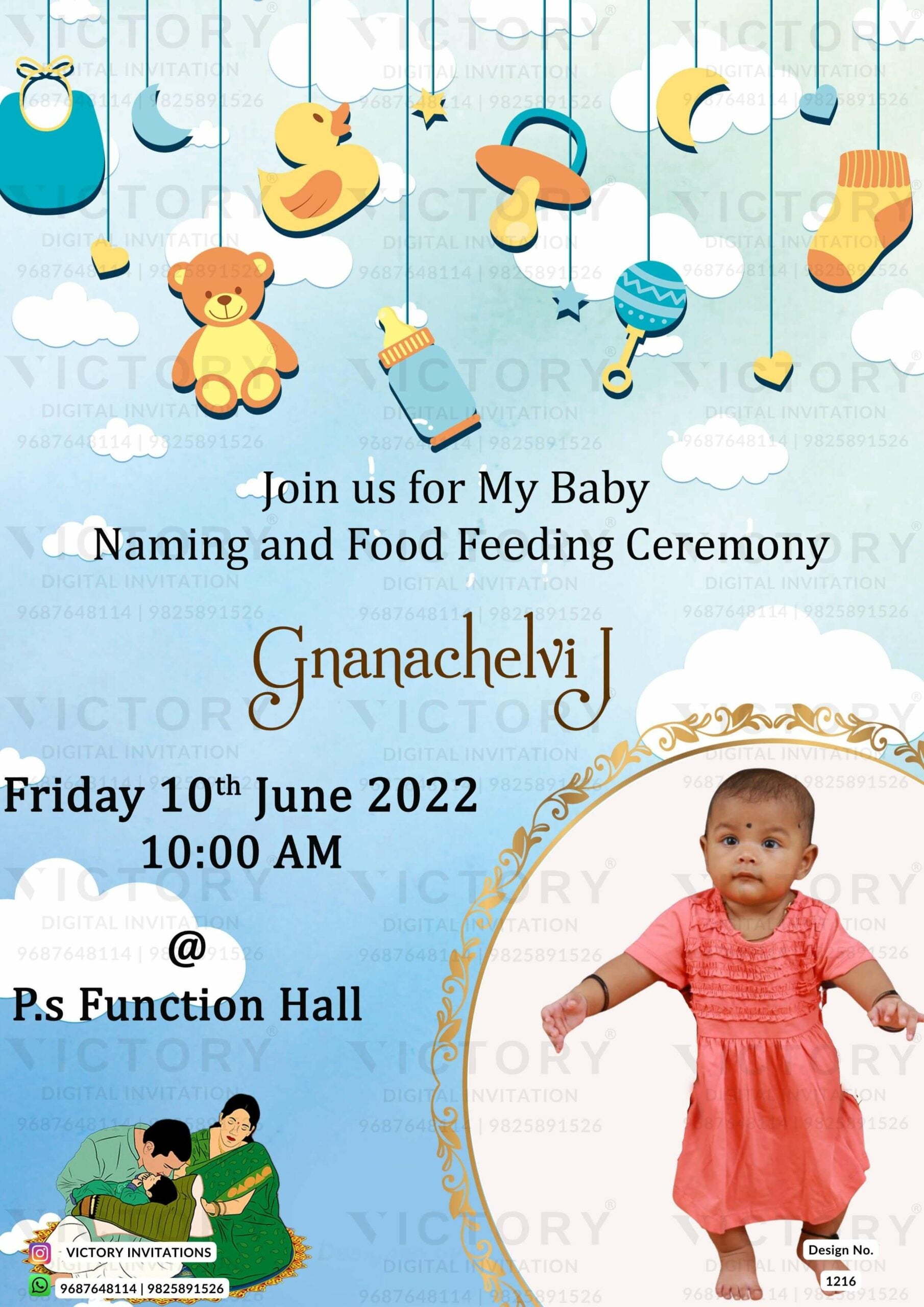 Annaprashan ceremony invitation card in english language with toys, rice feeding doodle as playful theme design 1216