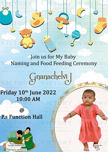 Annaprashan ceremony invitation card in english language with toys, rice feeding doodle as playful theme design 1216