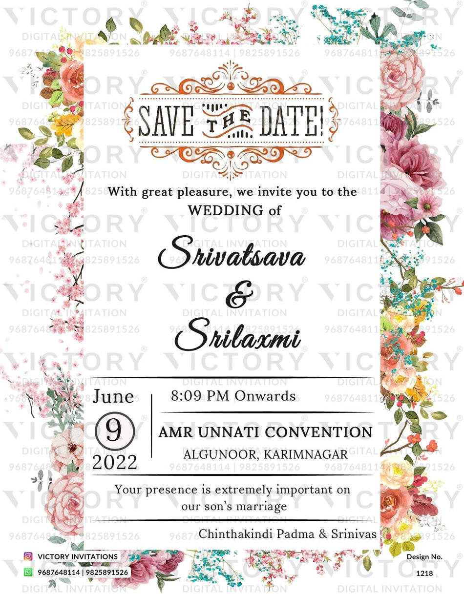 Wedding ceremony invitation card of hindu south indian telugu family in english language with Floral theme design 1218