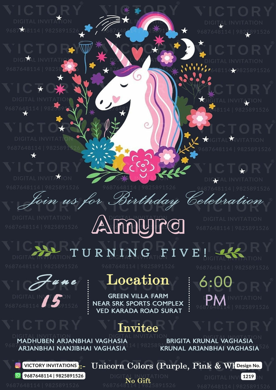 Birthday party invitation card in English language with unicorn theme design 1219