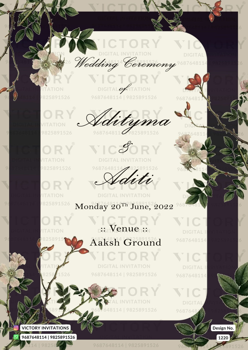 Wedding ceremony invitation card of hindu modern family in english language with Vintage flower theme design 1220