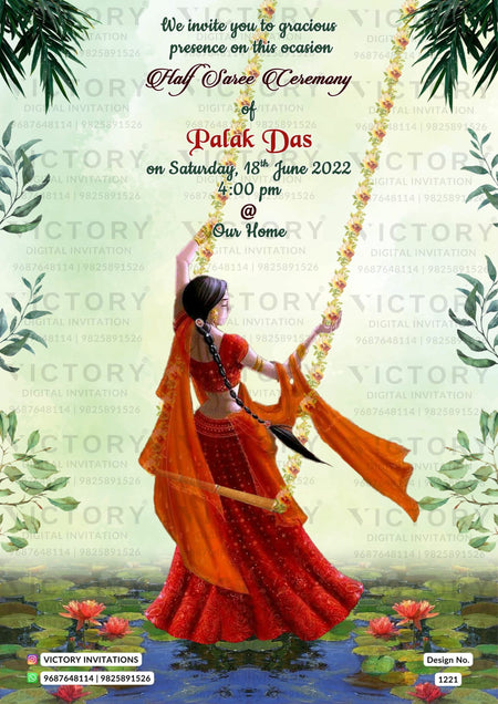 Half Saree ceremony invitation card in english language with traditional theme design 1221