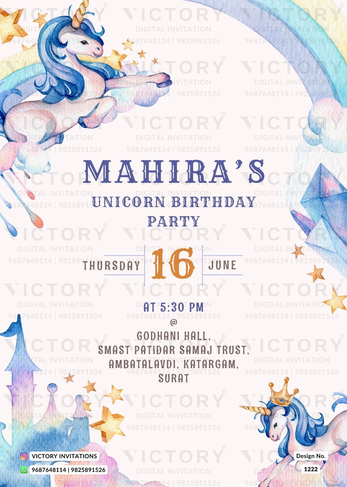 Birthday party invitation card for girl in english language with unicorn theme design 1222
