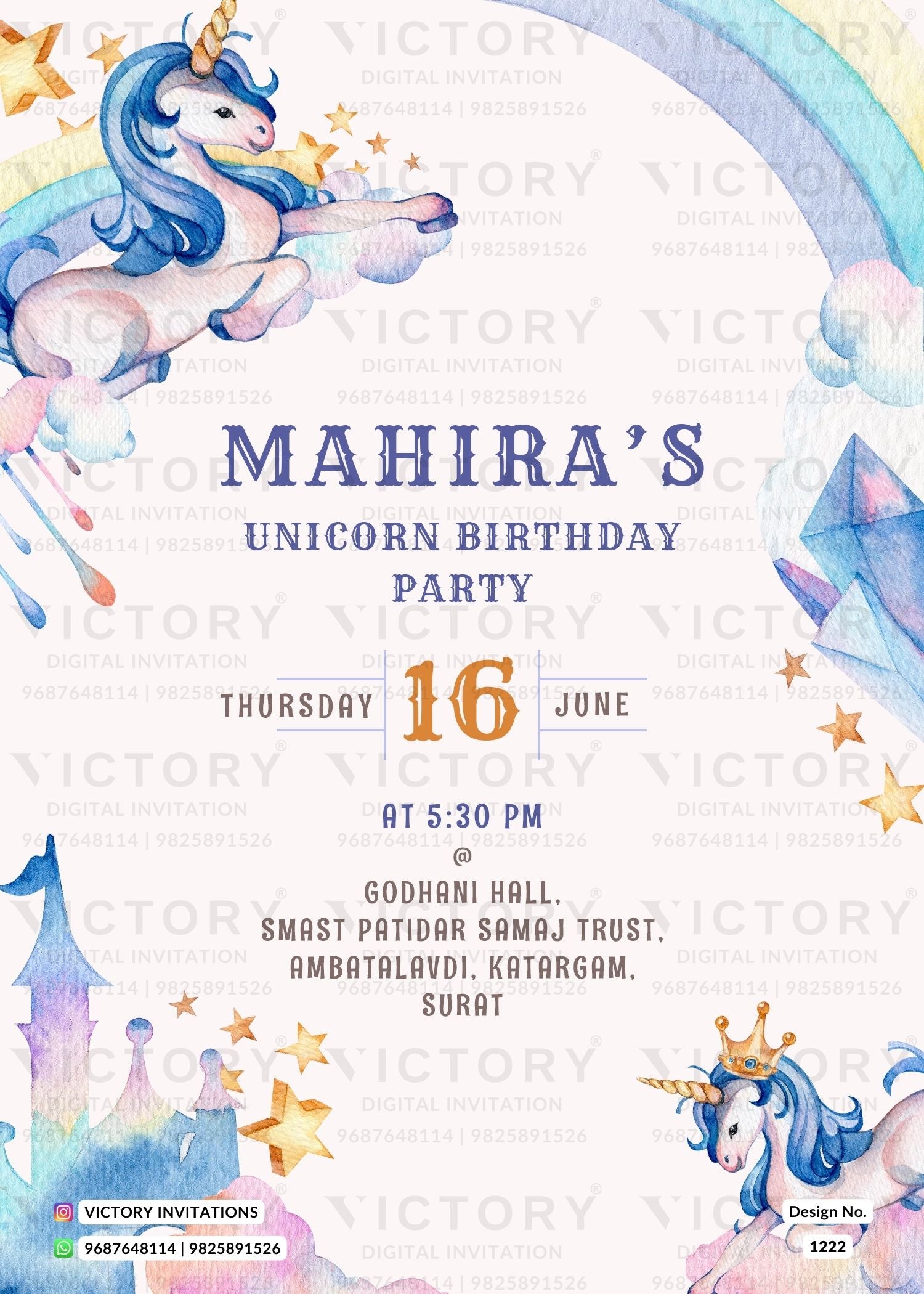 Birthday party invitation card for girl in english language with unicorn theme design 1222