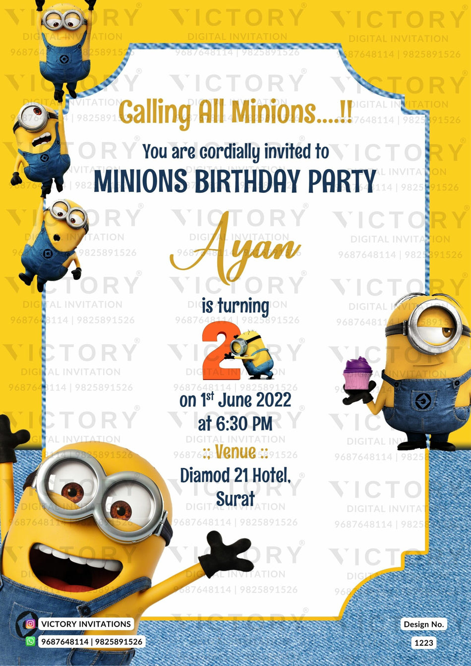 Birthday party invitation card in English language with minions theme design 1223