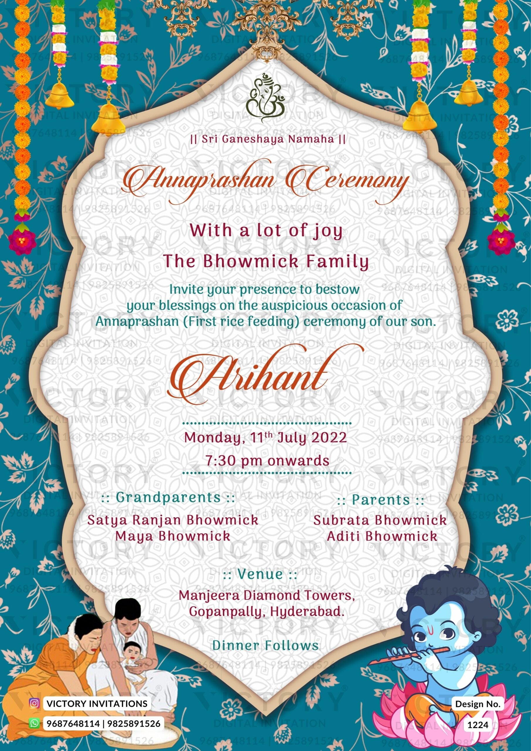 Annaprashan ceremony invitation card in english language with krishna doodle, rice feeding doodle as traditional theme design 1224
