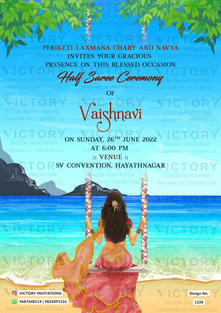 Vibrant Colored Traditional Indian Tropical Theme Half Saree Ceremony E-card with an Indian Girl Doodle, design no. 1228