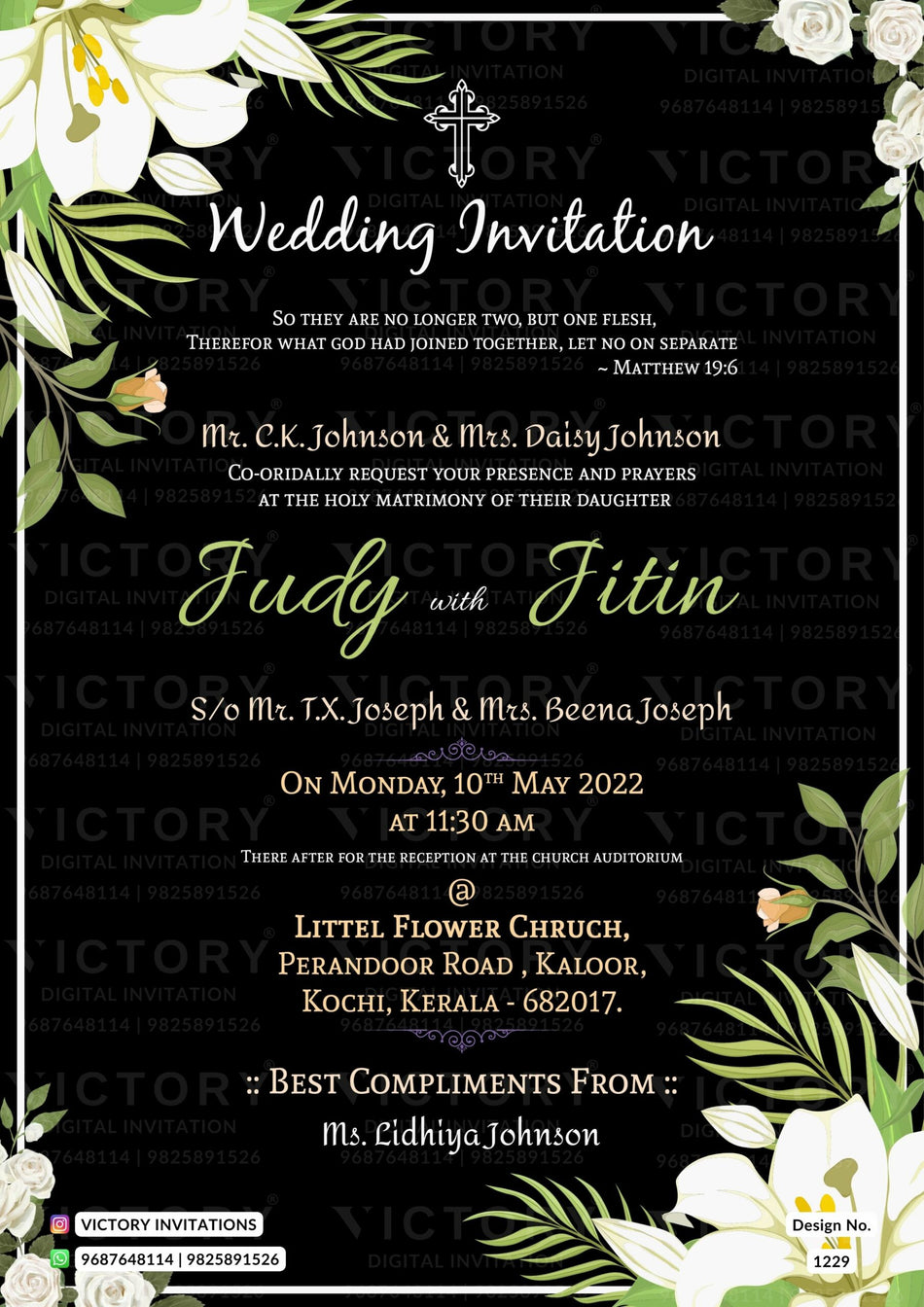 Wedding ceremony invitation card of hindu south indian malayali family in english language with floral theme design 1229