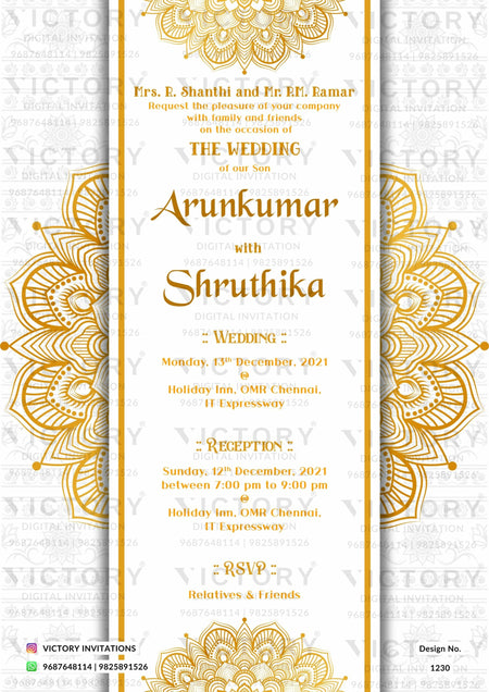 Wedding ceremony invitation card of hindu south indian tamil family in english language with mandala theme design 1230