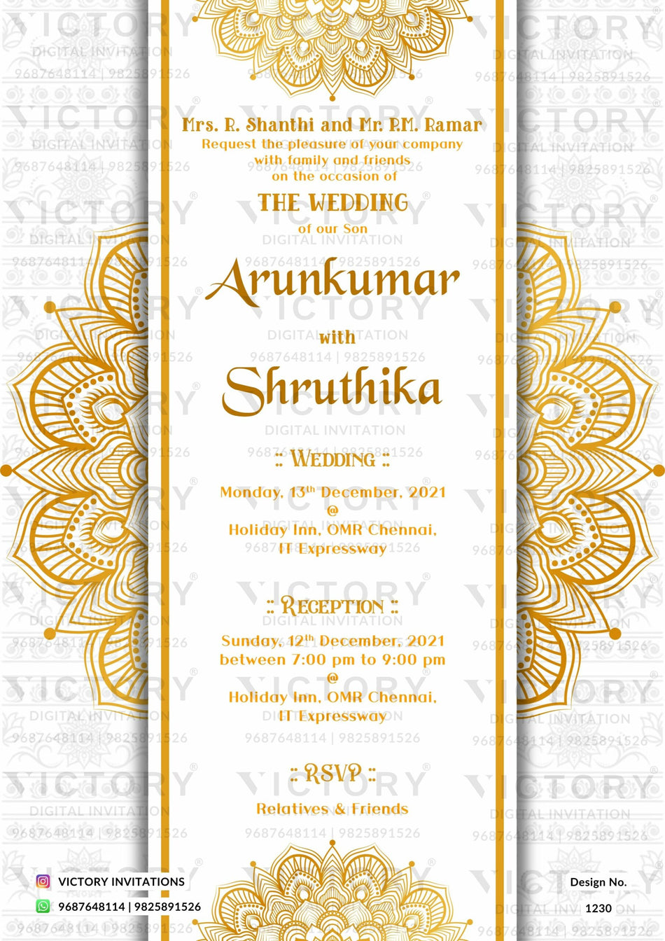 Wedding ceremony invitation card of hindu south indian tamil family in english language with mandala theme design 1230