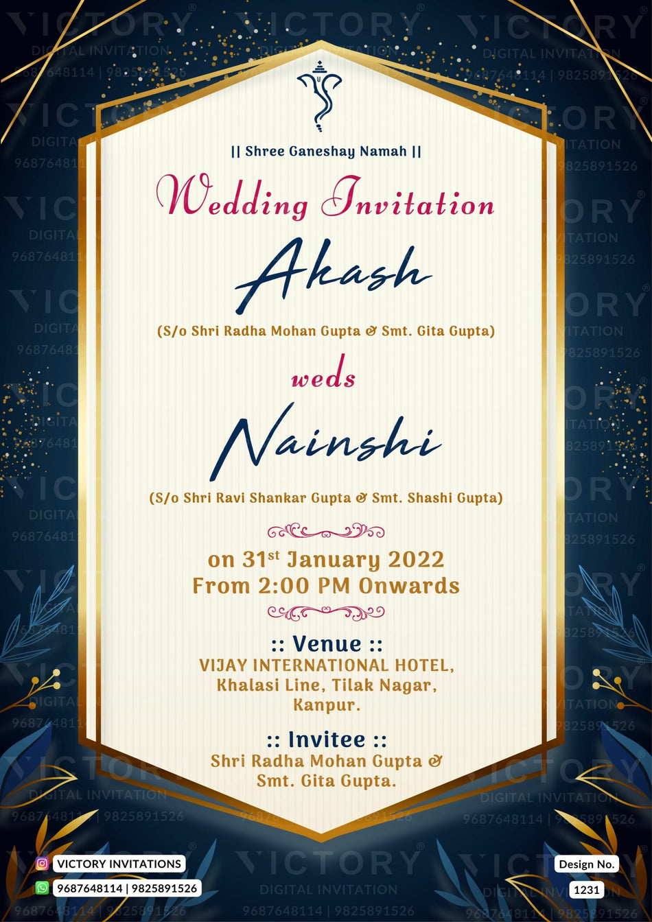 Wedding ceremony invitation card of hindu north indian bhojpuri family in english language with magical arch theme design 1231